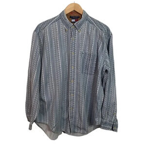 Vintage Tommy  Hilfiger Blue Chambray Denim Allover Geometric Print Dad Shirt